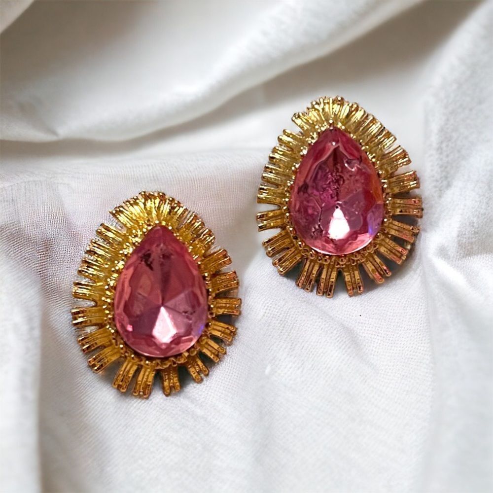 Pink Teardrop Rhinestone Gold Tone Stud Earrings